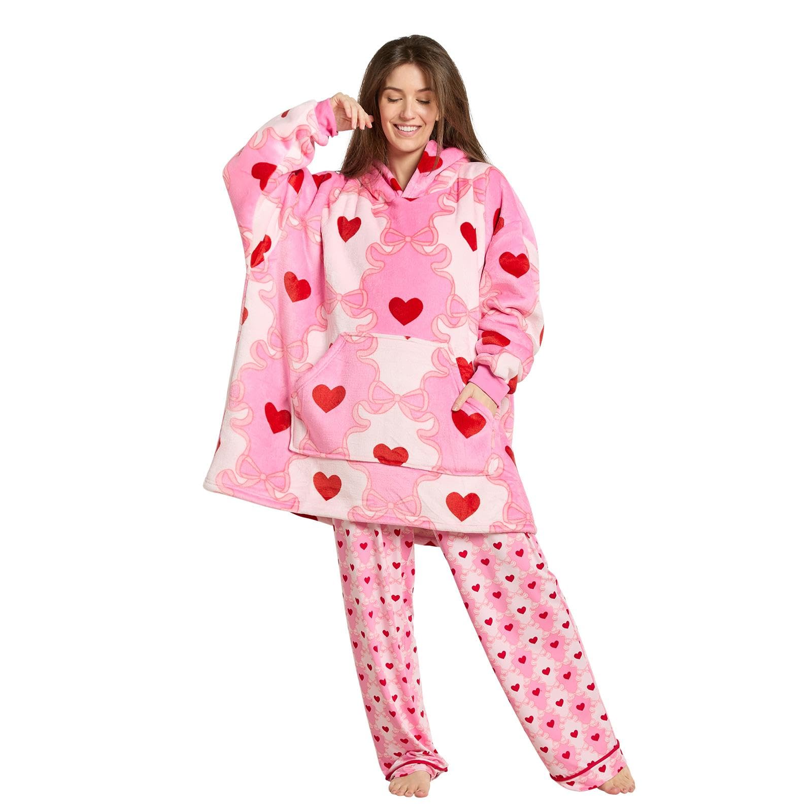OHS Lattice Bow Hearts Blanket Hoodie Sherpa Fleece Giant Sweatshirt, Pink