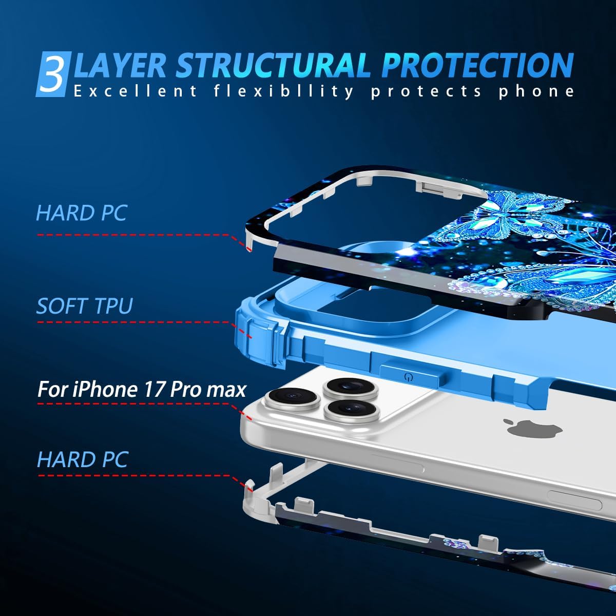 Miqala for iPhone 17 Pro Max Case,Glow in The Dark Three Layer Heavy Duty Shockproof Protection Hard Plastic Bumper+Soft Silicone Case for iPhone 17 Pro Max,Blue Crystal image 4