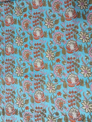 Image of Doraya Pure Cotton Dress Making Fabric Sanganeri Print Jaipuri Hand Block Printed Unstitched Dress Material for Women Blouse /Plazzo,Kurti /Lehenga Piece Womens 43 inch Inches Width (Blue 7, 3 Meter)