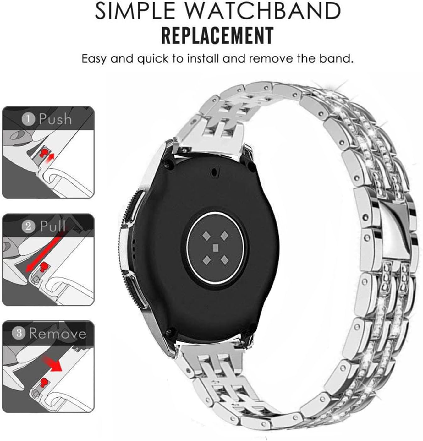 Bands Compatible with Samsung Galaxy Watch 3 (41mm), 20mm Luxury Diamond Stainless Steel Metal Bracelet with Rhinestone Bezel Ring Case Cover Replacement for Women Men - Image 3