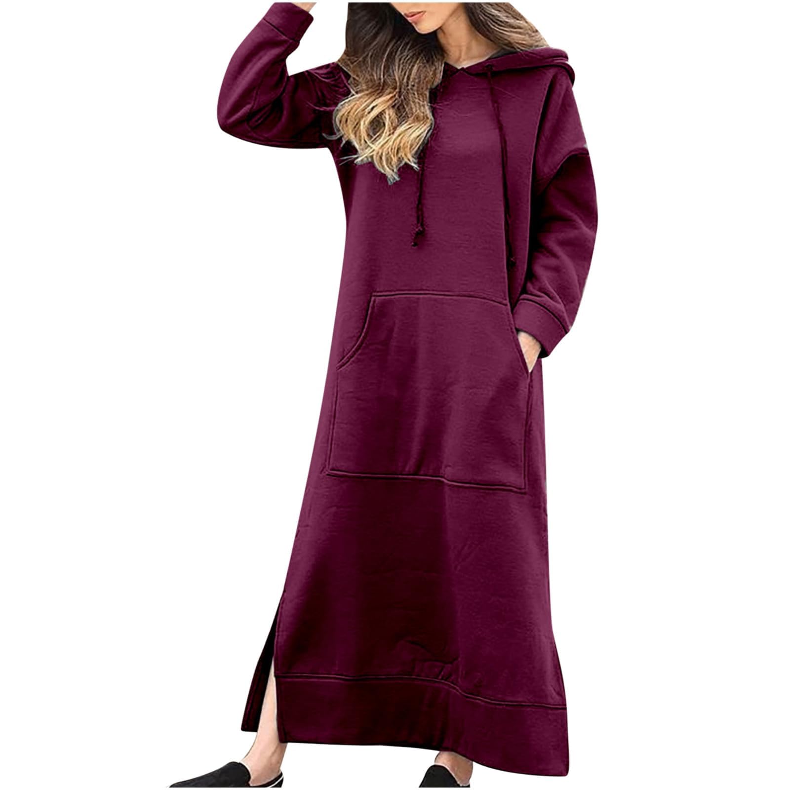 Womens Long Sleeve Hoodies Casual Maxi Length Hooded Dress with Drawstring and Pocket S-5XL