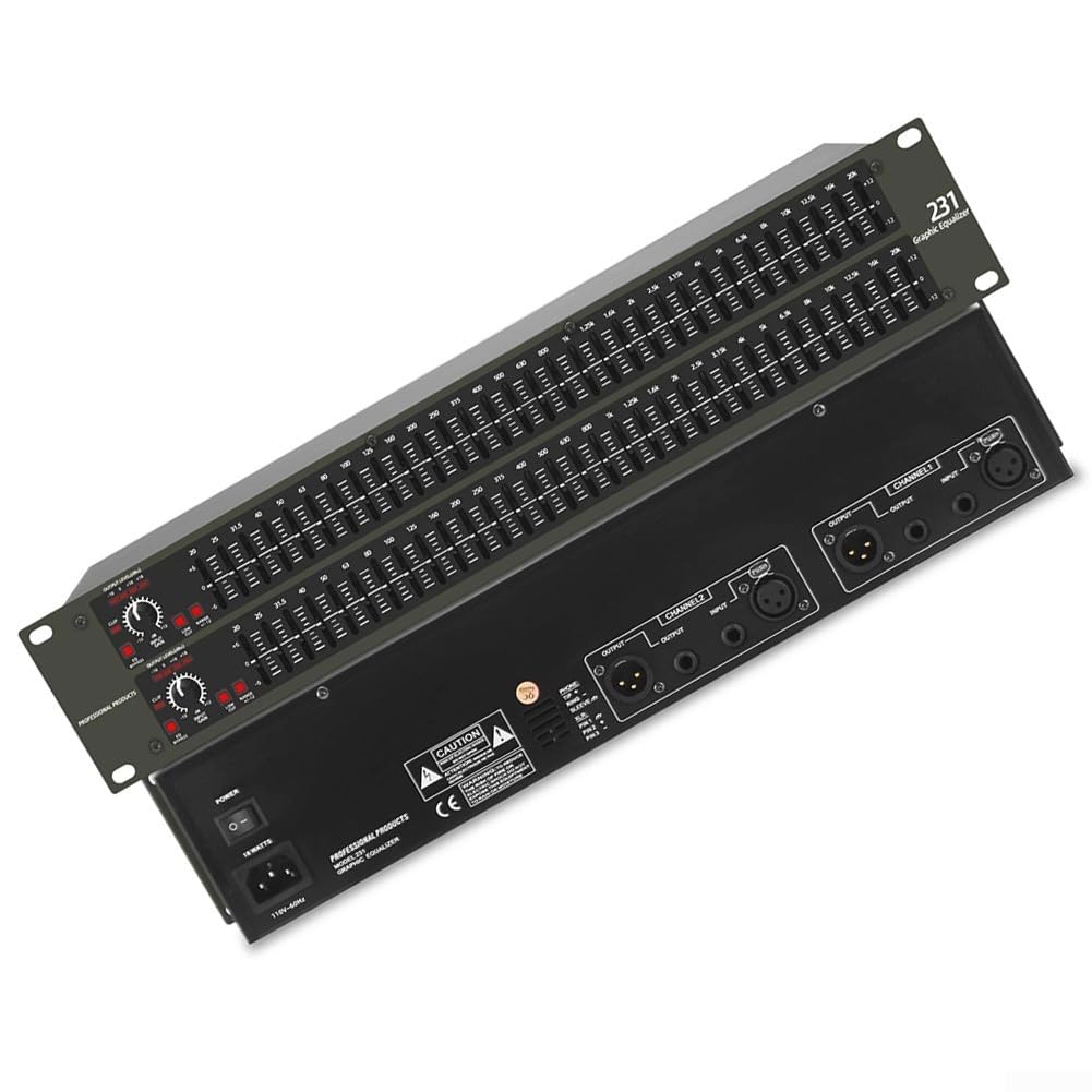 Equalizzatore grafico a 31 bande per audio domestico e applicazioni DJ professionali, doppio canale, regolazione ± 12 dB per band, interruttore low-cut, connettori XLR e TRS, 480 mm