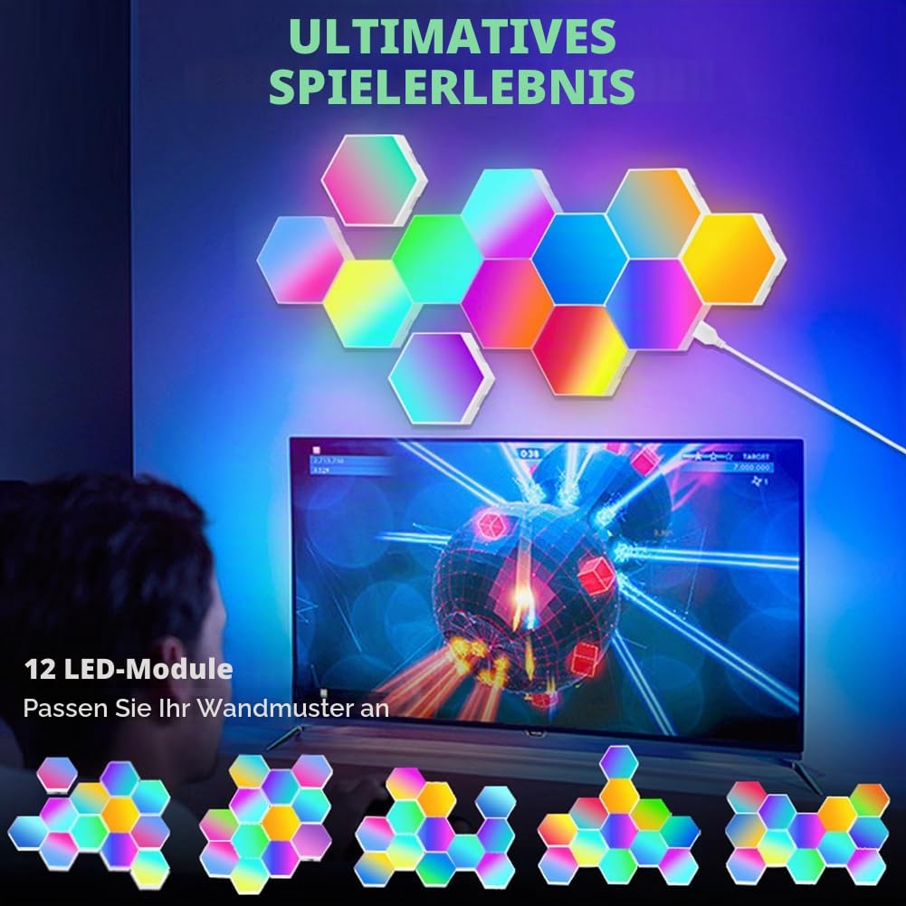 URAQT Sechseck Gaming Wandleuchte, 12 Stück Hexagon LED Panel RGB Smart Wand Panel App Steuerung Musik Sync Wandbeleuchtung Smart Sechseckige Gamer Room Deko Modular Lampe