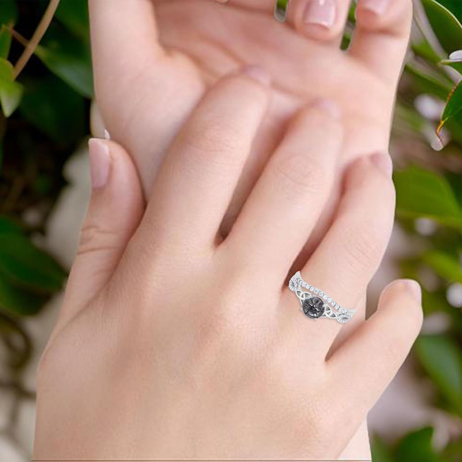 OMRANII Two Piece Ring Round Natural Rutilated Quartz Trinity Marquise Style Triqutra Vintage Half Eternity Band Wedding Engagement Rings 925 Sterling Silver Gifts For Her