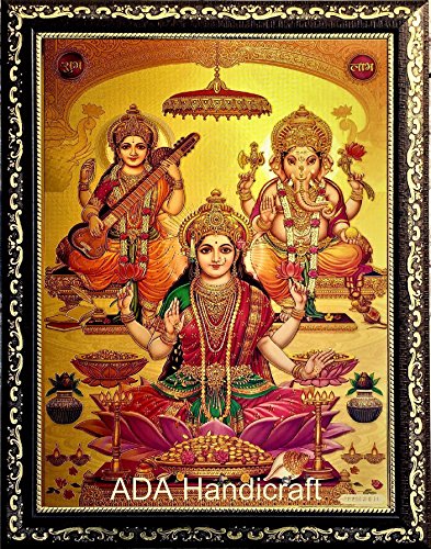 Image of ADA Handicraft Shree Laxmi Saraswati Ganesha For Diwali Wooden Religious Photo Frame for Wall, Hindu Bhagwan Puja (35 x 25 x 1 cm, Multicolour)