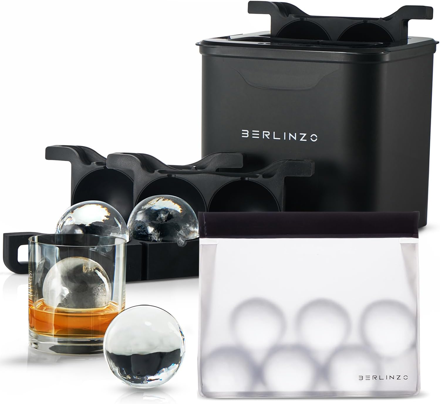Berlinzo Premium Clear Ice Ball Maker Mold with Ice Storage Bag - 4 Large 2.4" Crystal Clear Ice Balls - Easy-to-Remove Ice Sphere Mold - Storage Bag Included, Black (Non-Electric Ice Maker)