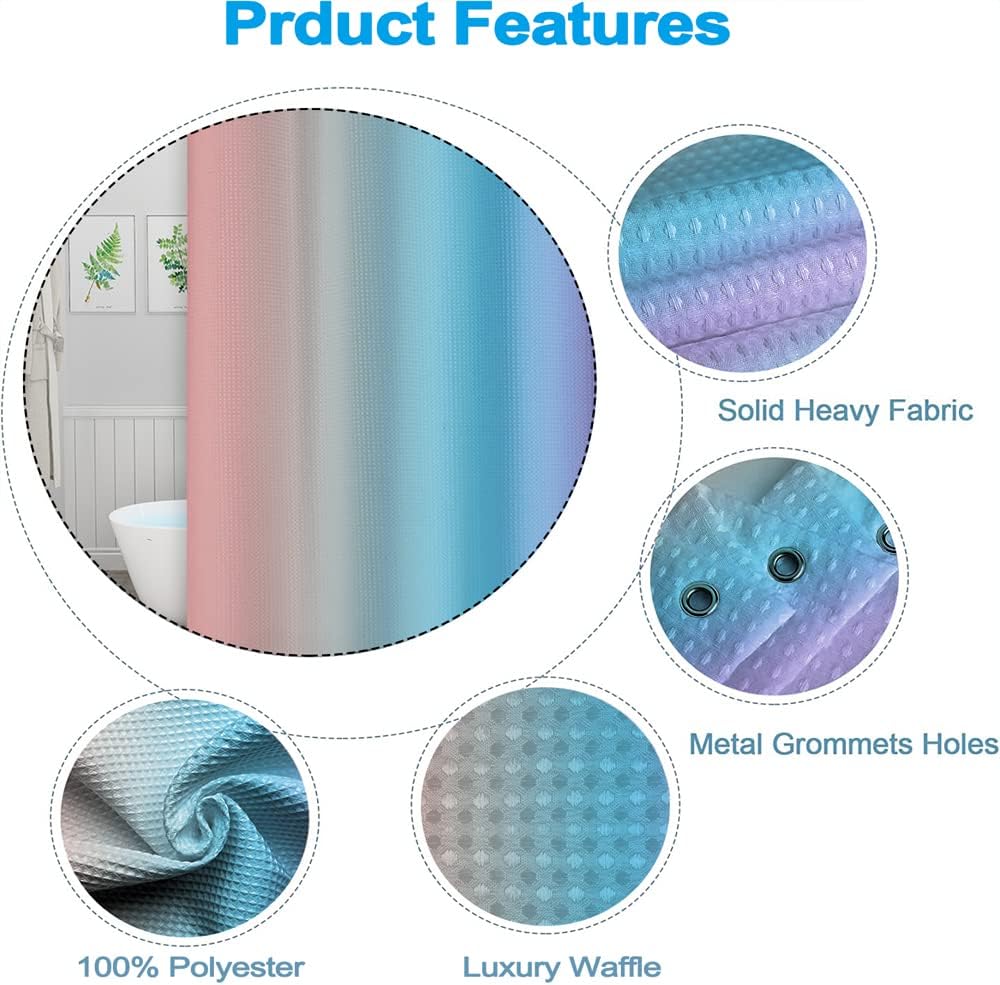 Rainbow Waffle Shower Curtain for Bathroom Decoration Gradient Pink Blue Purple Bathtub Curtain for Girls Heavyweight Polyester Fabric Shower Curtains with Stainless Still Hooks 72x72 inches