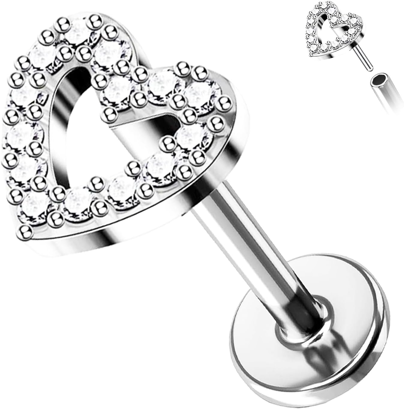 G23 Titanium 16G Push in Flatback Stud for Flat, Helix, Tragus, Conch, Lobe CZ Nose Stud Lip Stud Hypoallergenic Cartilage Earring Piercing Jewelry