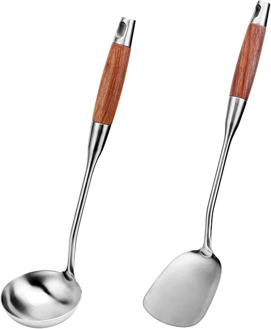 TsunNee 2 Pieces Stainless Steel Kitchen Utensil Set, 304 Stainless Steel Wok Spatula and Soup Ladle Set with Long Heat Resistant Wood Handle