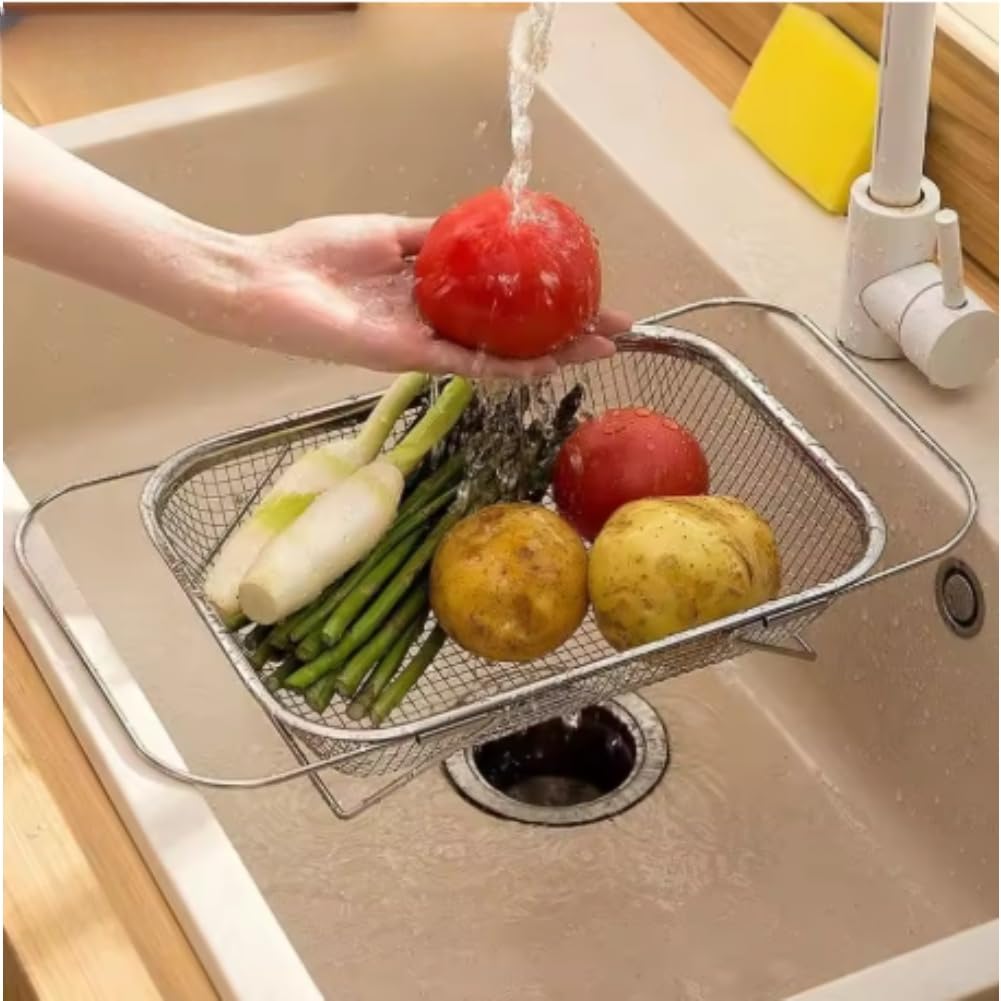 Colander de acero inoxidable con diseño telescópico ajustable para fregaderos de 31 cm y 51,5 cm, fruta eficiente para drenaje vegetal