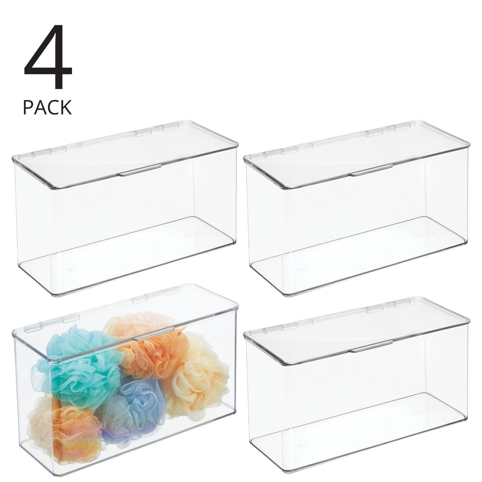 mDesign Plastic Bathroom Storage Organizer Box Containers with Hinged Lid for Vanity Drawers - Holds Lotions, Face Towels, Cotton Swabs, Soap, or Accessories - Lumiere Collection - 4 Pack - Clear
