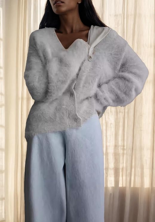 LKOUS Women's Fuzzy Sweater Cardigan,V Neck Long Sleeve Open Front Loose Furry Sweater Coat
