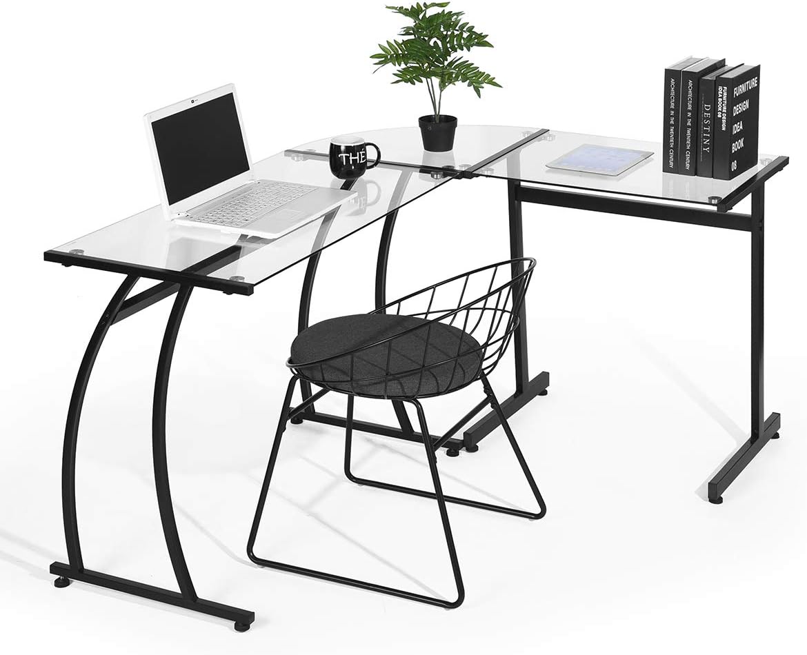 Computer Office Desk LShaped Clear Glass Corner Desk Computer Workstation Large PC Gaming Desk