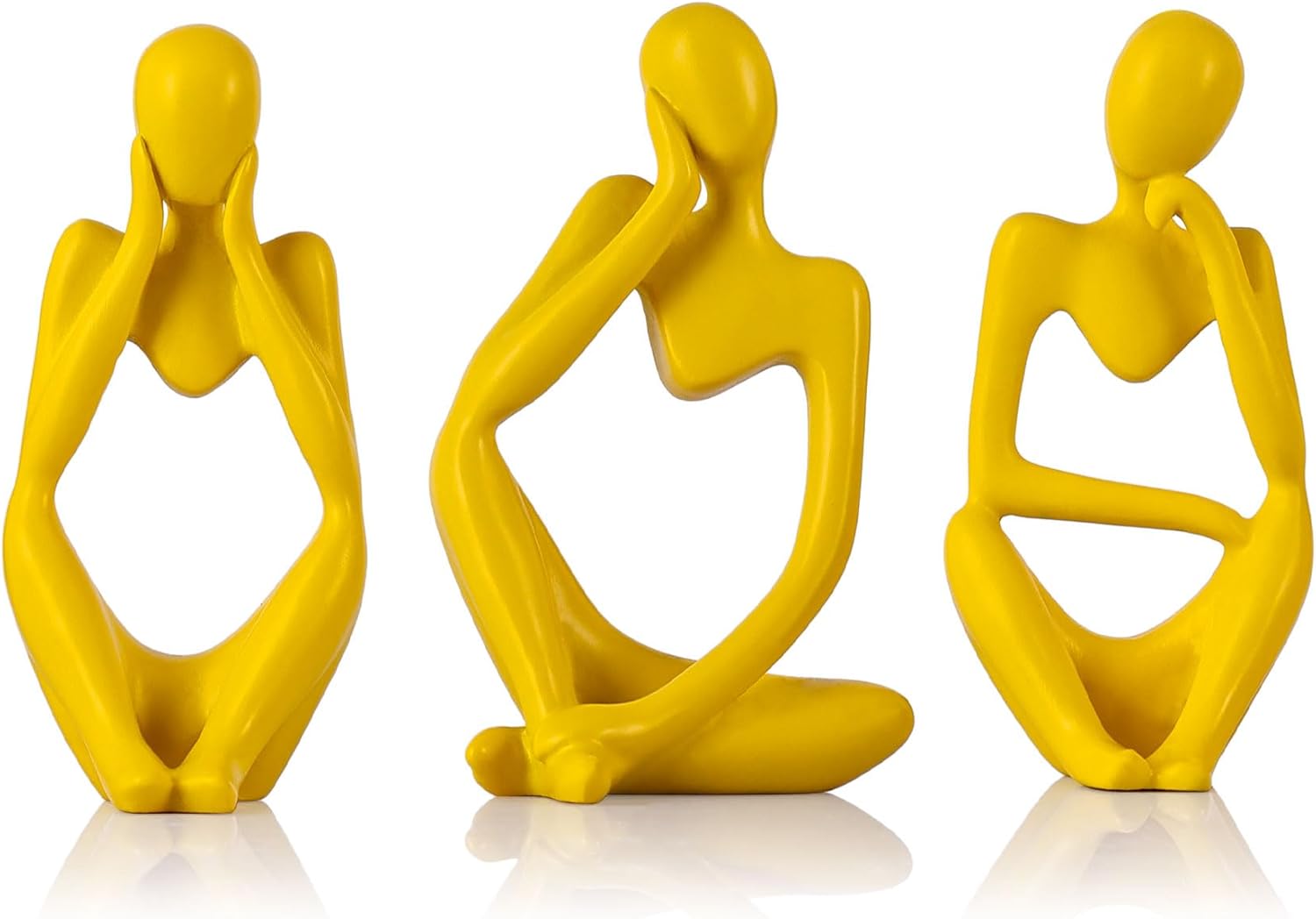 Yellow Thinker Statue Decor for TV Stand, Shelf, Desk, or Coffee Table - Set of 3 Resin Figurines for Living Room Decorative Objects, Modern Sculpture, Minimalist Bookcase Decor, Home Accents