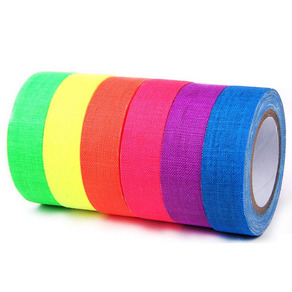 UV Blacklight Reactive Spike Tape Fluorescent Adhesive Tapes Gaffer Tape Dry Erase Neon Tapes for Parties Whiteboard Art Tape Craft Decorations Fluorescent Cloth Tape for Floors Stages 6 Pack