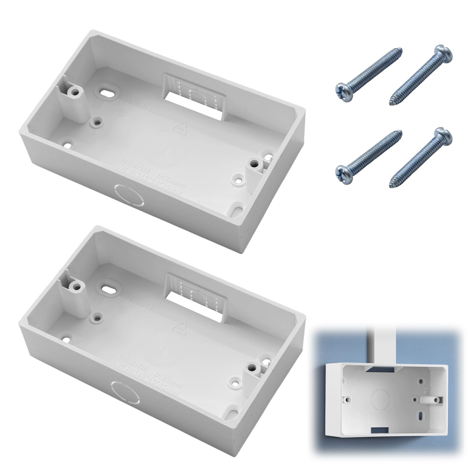 2 Gang Surface Mount Pattress Box 2pcs White Back Box for Wallplate Ethernet Faceplate Network Mounting Electrical Devices Switches Outlets Sockets 147 x 86 x 35mm