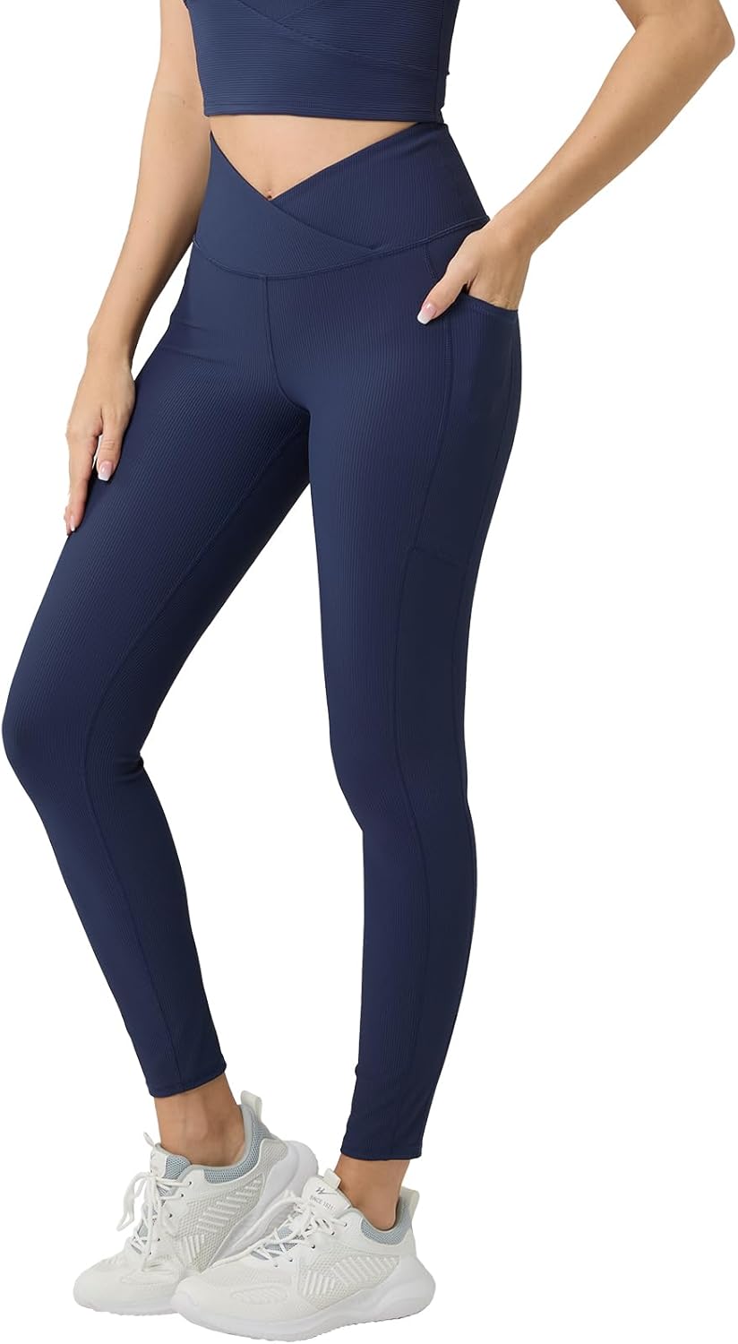 AARYA Women's Ribbed Leggings with Pockets, Cross Front High Waist Compression Workout Yoga Pants Gym Clothes, 25 inch