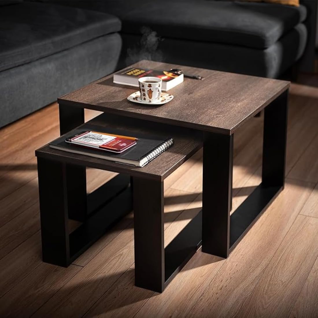 Wooden Expert Living Room Table Wood,Coffee Table Set of 2 in 2 Sizes,Side Table Wood,Table for Sofa with Black Frame and Wooden top,Side Tables for Living Room Set,Coffee Table,Side Table (Walnut) 4