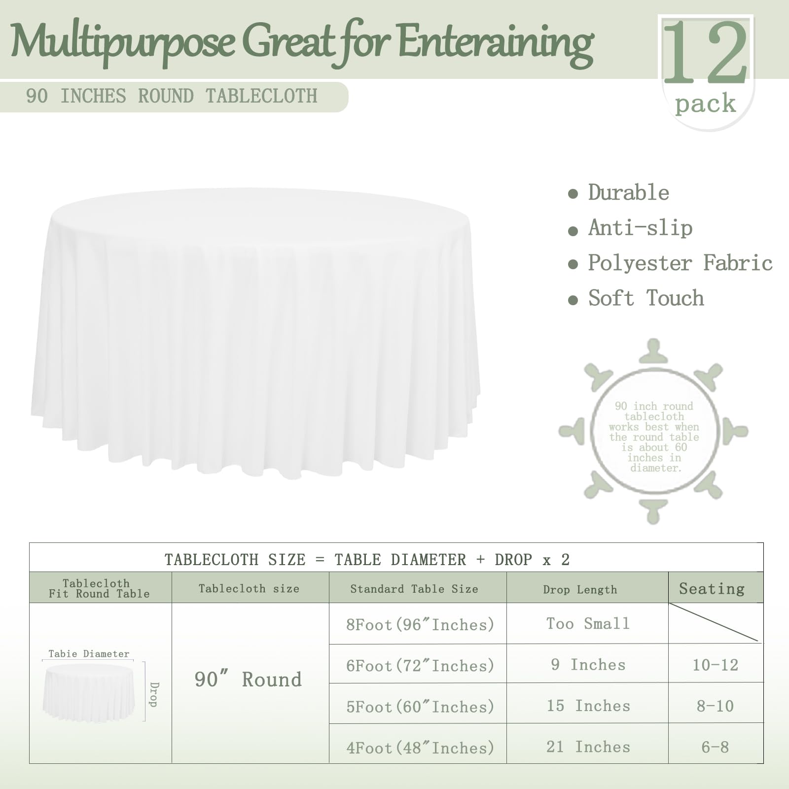 12 Pack Round Tablecloth 90 Inch Cloth White Tablecloth for Round Tables, Washable Polyester Table Cloth Stain and Wrinkle Resistant Decorative Table Cover for Wedding Party Dining Banquet