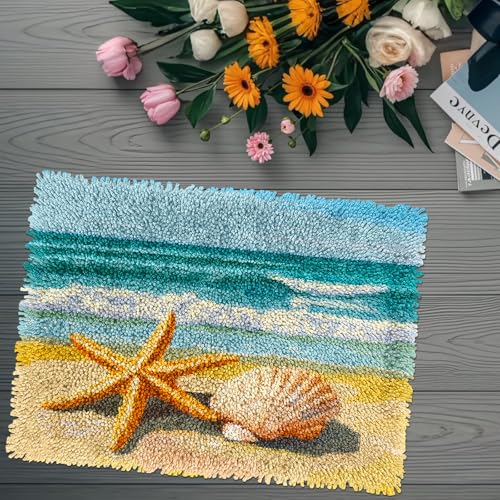 Image of DIY Rug Latch Hook Kits Seaside Beach Starfish and Shells Stamped Non-Slip Mat Crochet Yarn Hook and Latch Emboridery Tapestry for Home Floor Decoration Pet Warm Cushion 52x38cm(3)