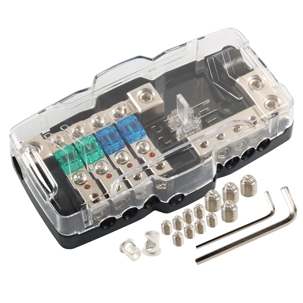 Camper Car Audio Fuse Block ANL Holder Ground Fused Distribution Blocks 0GA / 4GA Wire in 4Gauge/8 Gauge Wire Out 4 Way Fuse Box 30A 60A 80Amp Mini ANL Fuses