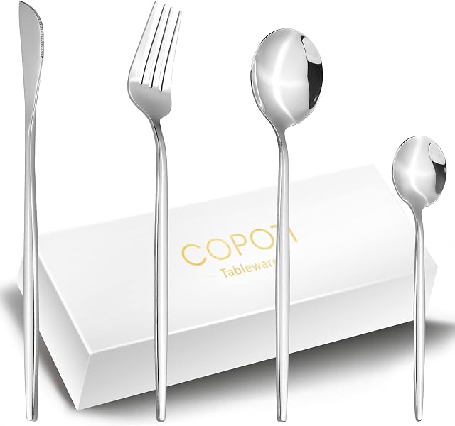 Modern Cutlery Set for 6 People,COPOTI 24 Piece Stainless Steel Thin Handle Knife Fork Spoon Silverware Flatware Set,Elegant Life Dinner.
