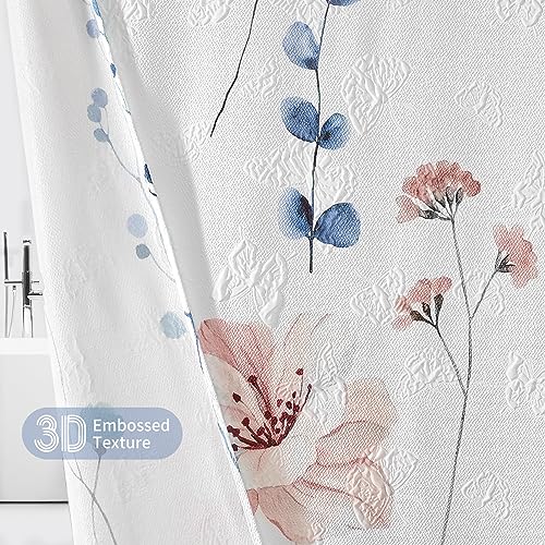 Image of QIYI Small Stall Half Watercolor Floral Shower Curtain, 3D Embossed Butterflies Blue Flower Cloth Bathroom Curtain, Waterproof Fabric White Shower Curtain Set with Hooks