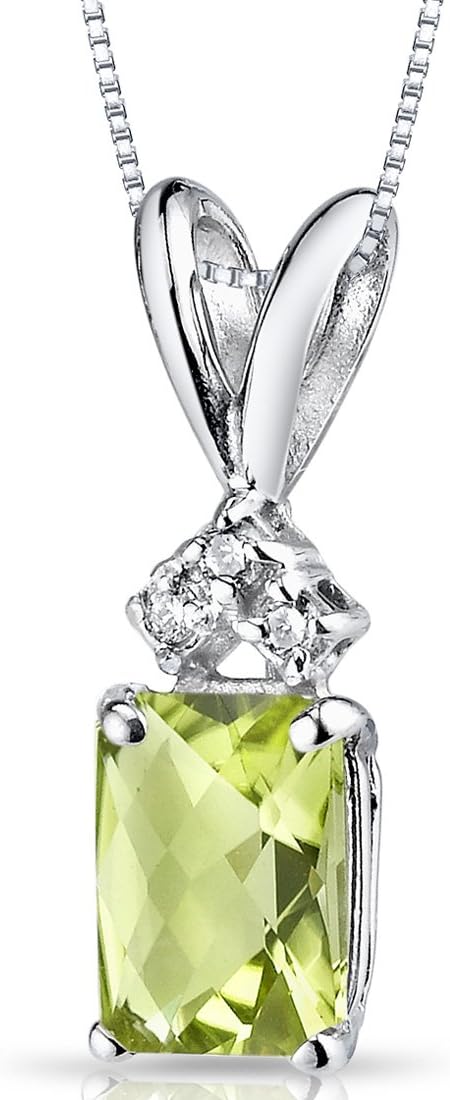 PEORA 14K White Gold Natural Peridot with Diamond Pendant, 1.03 Carats total, Radiant Cut, 7x5mm, Genuine Gemstone Solitaire, Real Jewelry, August Birthstone Necklace, w/Box