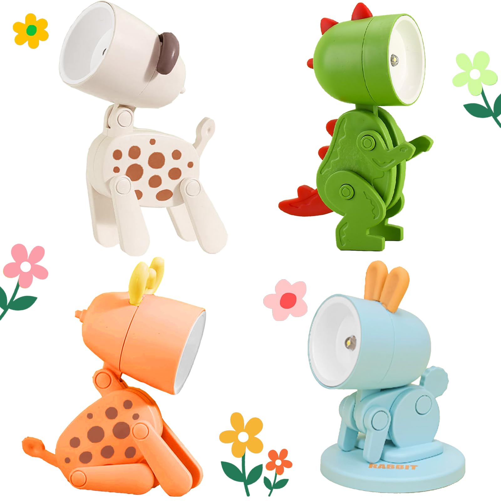 YOUYIKE Cartoon Mini Nachtlicht, 4 Stück Cute Led Lampen, Mini Animals Lampen, Faltbare Kleine Tischlampe mit Batterie, Tragbar Verstellbares Nachtlicht