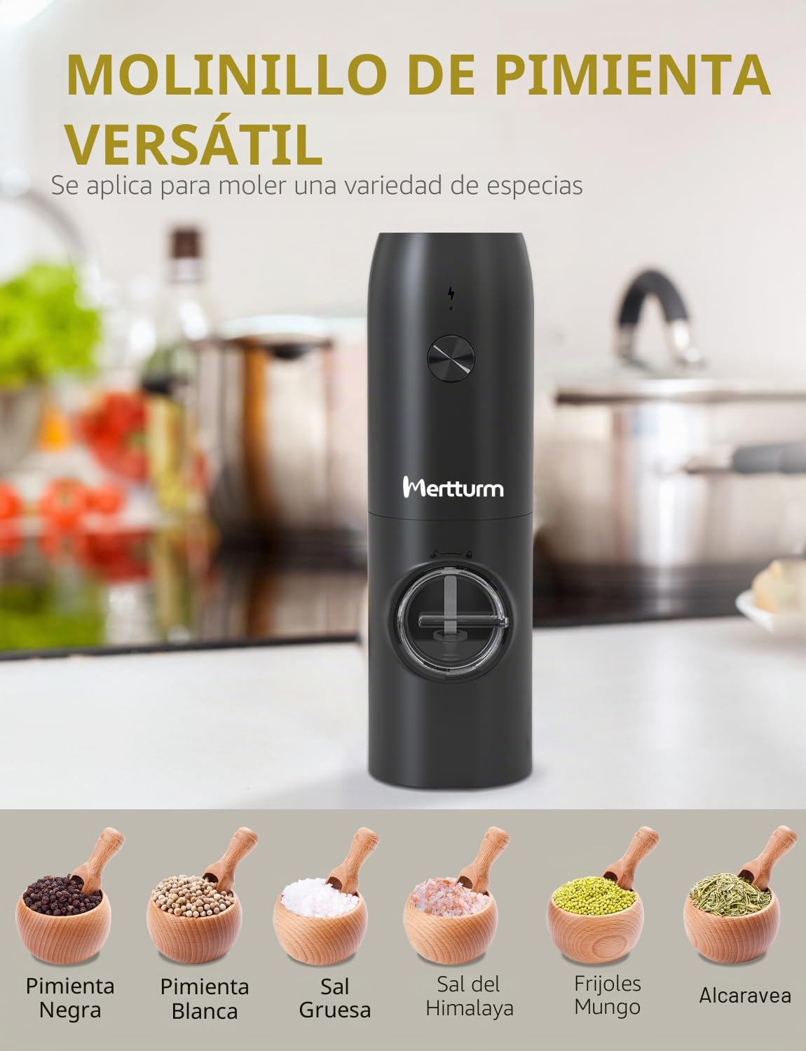 MERTTURM Molinillo Pimienta Eléctrico Recargable, Molinillo Especias con Luz Blanca LED, Grosor Ajustable, Rotor de Cerámica, Operación de Una Mano, Molinillo Sal y Pimienta para Cocina, BBQ