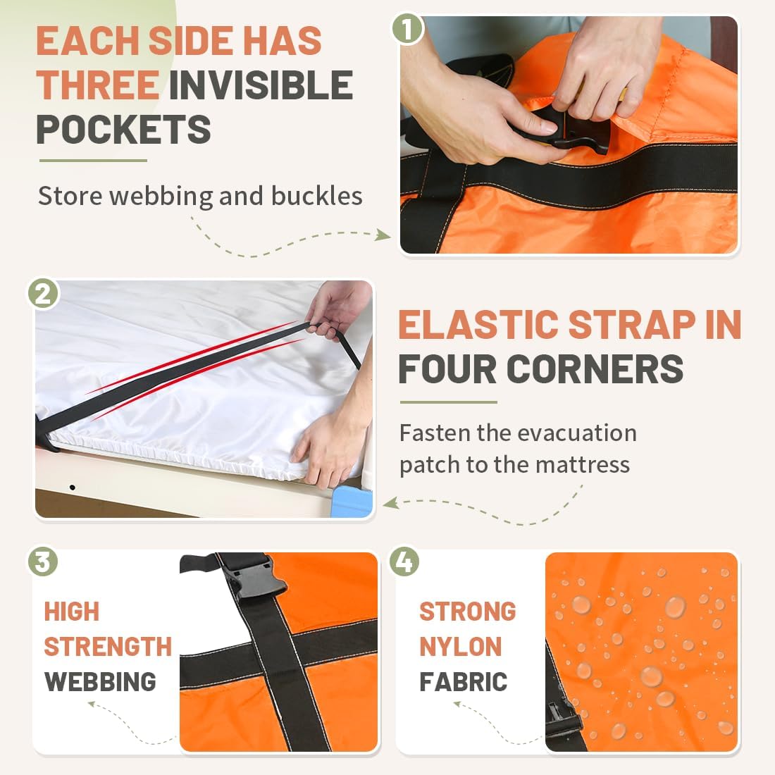 Emergency Evacuation Sheet with Safety Straps, Under Mattress Rescue Sheet for Bedridden Patients, 2-Person Transfer, Stair Evacuation, 230 lbs Capacity, Orange