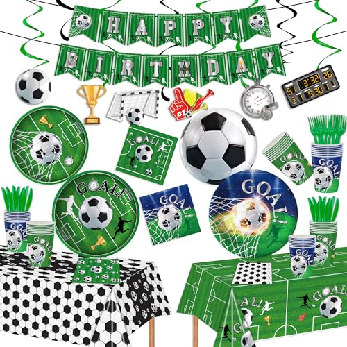 Soccer Birthday Party Supplies Soccer Party Decorations Plates Napkins Tablecloth Banner Hanging Swirls for Soccer Birthday & Tailgate Party Decorations Serves 20