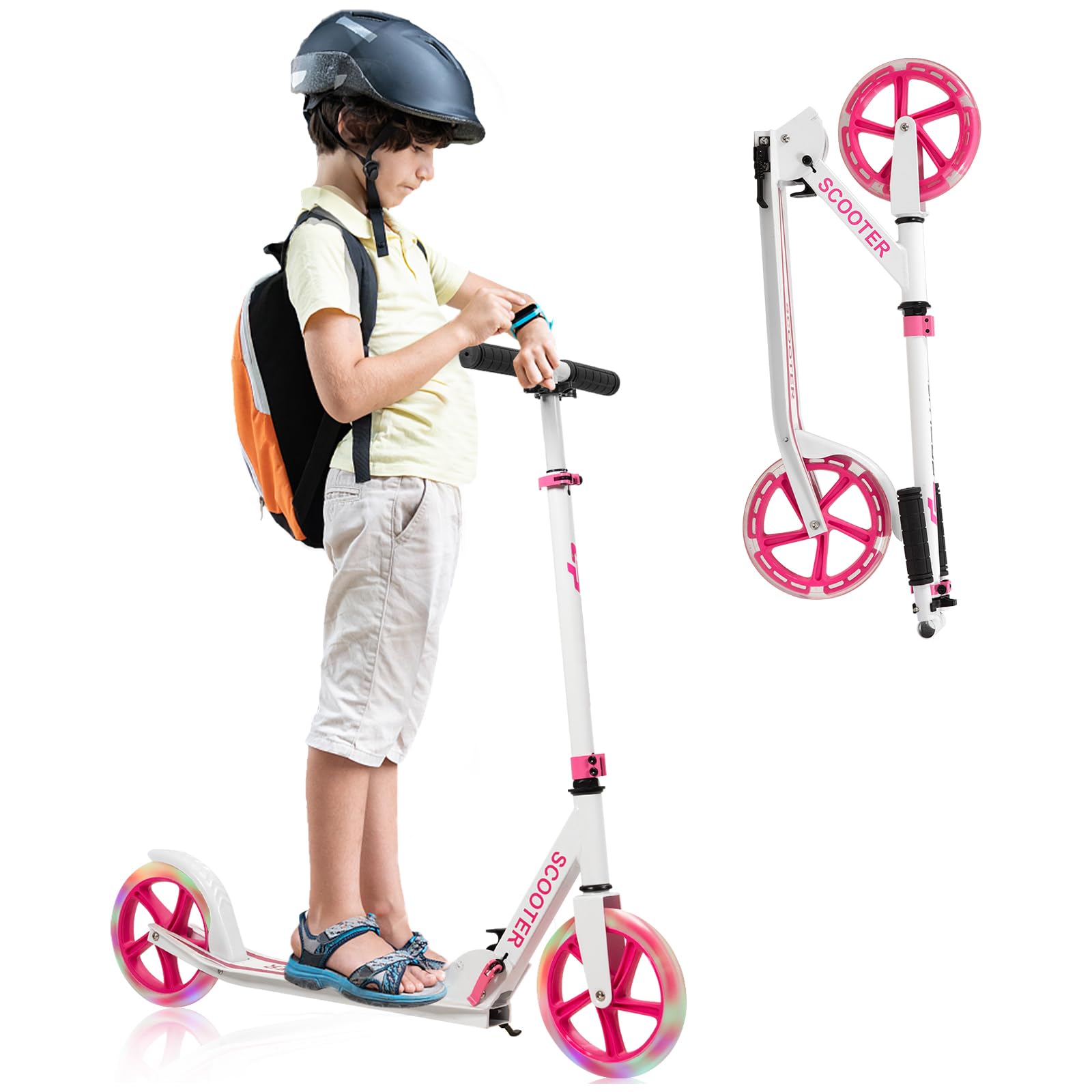 KOMFOTTEU Monopattino Pieghevole per Bambini e Adulti Fino a 110kg, Manopattino a 2 Ruote Luminose con Freno, Scooter per Bambini con Manubrio Regolabile e Cinghia di Trasporto
