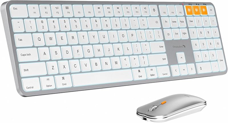Teclado y mouse Bluetooth retroiluminado ProtoArc KM100-A para Mac, blanco plateado | Diseño Mac de tamaño completo con teclado numérico, retroiluminación LED blanca de 3 niveles, Bluetooth para 3 dispositivos, teclado y mouse recargables
