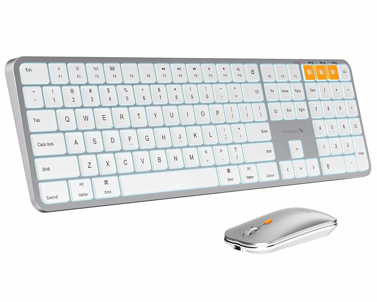 ProtoArc KM100-A Backlit Bluetooth Keyboard and Mouse for Mac, White Silver
