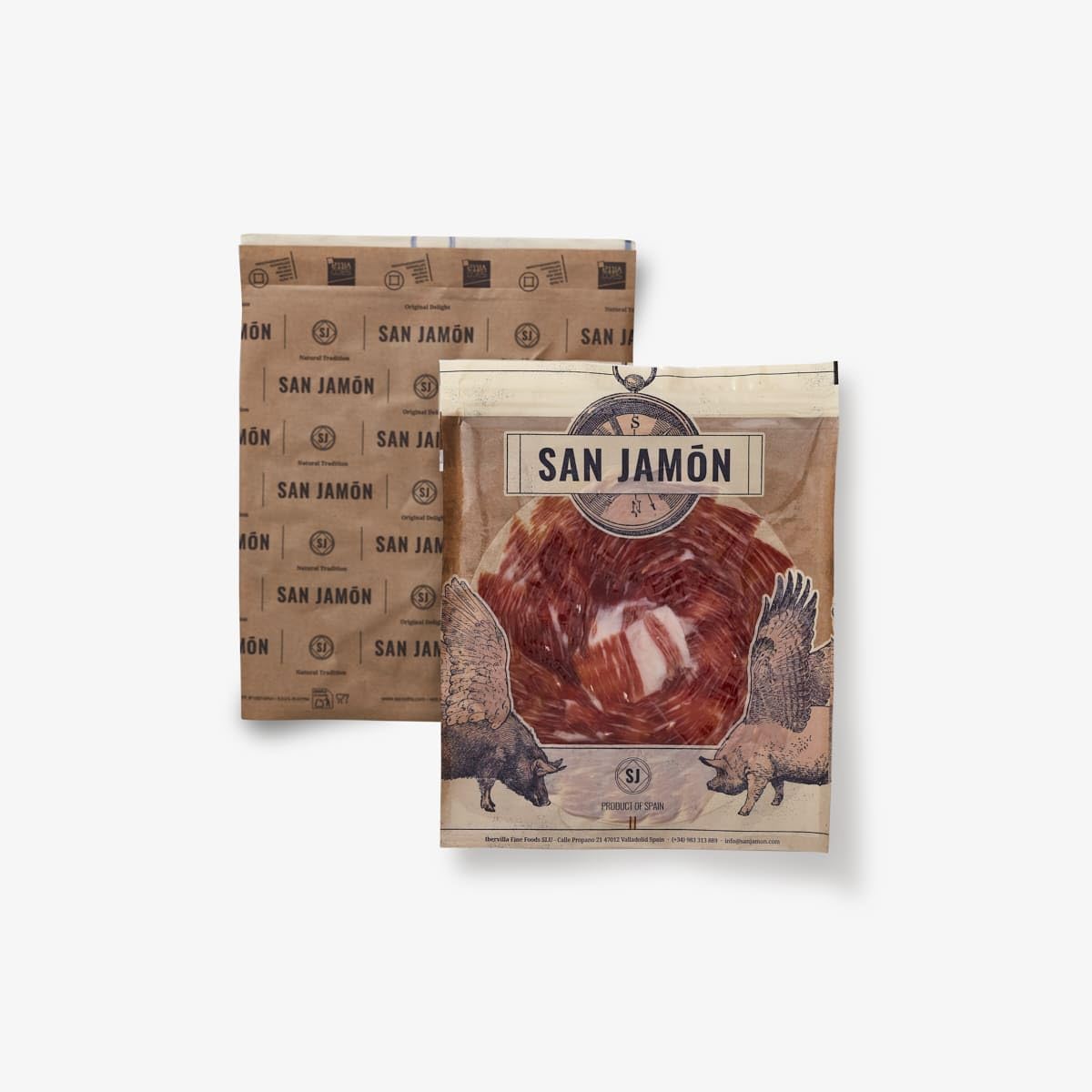 SAN JAMON. Pack de 5 Sobres de Jamón de Cebo Ibérico 50% Raza Ibérica Cortado a Mano de 80 gr Cada Uno. Lote de 5 paquetes de Jamón Ibérico de Cebo en Finas Lonchas.