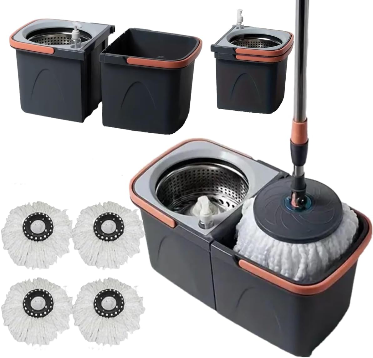 *NEW* SWISSPACK Revolving Spin Mop and Bucket With .4. Extra Pads Perfect For Easy Cleaning. Clean and Dirty Water Separtered For Perfect Finish (ORANGE-GREY)