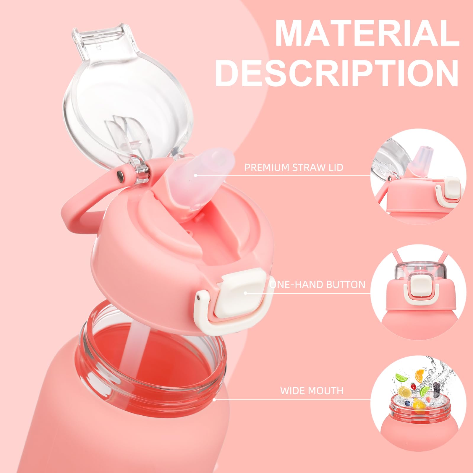 chunmo Bouteille d'eau en verre de 710 ml avec 2 couvercles, couvercle à bec verseur et couvercle à paille, bouteille d'eau motivante avec marqueur de temps et manchon en silicone, étanche, rose
