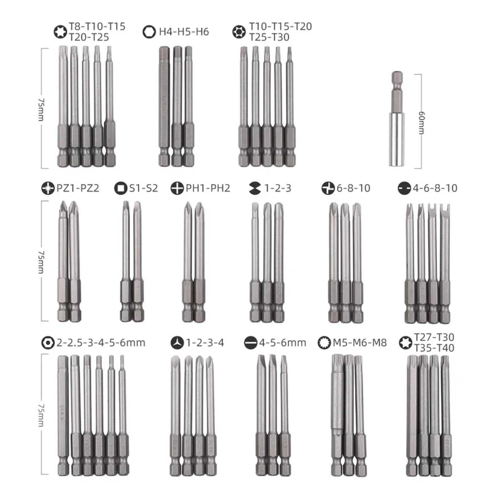 Juego de 50 Puntas Extra largas de 75 mm con portapuntas de liberación rápida CRV, Destornillador, Juego de Puntas de Seguridad, Punta Hexagonal Torx Pozidrive(50 pc Set)