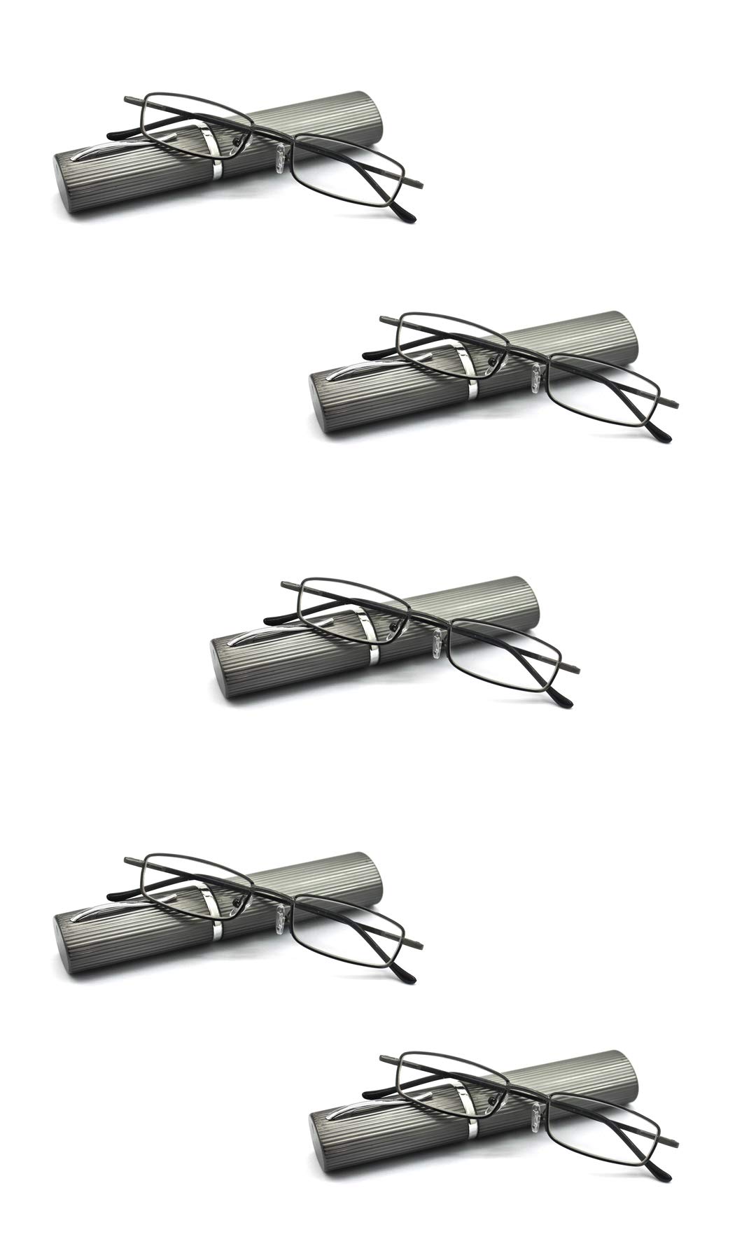 EYE ZOOM 5 Pack Slim Metal Reading Glasses with Tube Case for Men and Women, Multi-colored