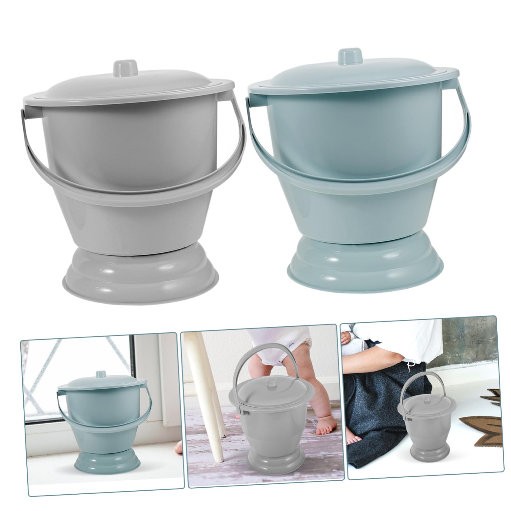 FRCOLOR Chamber Pot Urinal for Elderly 2 Pack Plastic Urine Bucket with Lid Portable Easy to Carry Gray Blue
