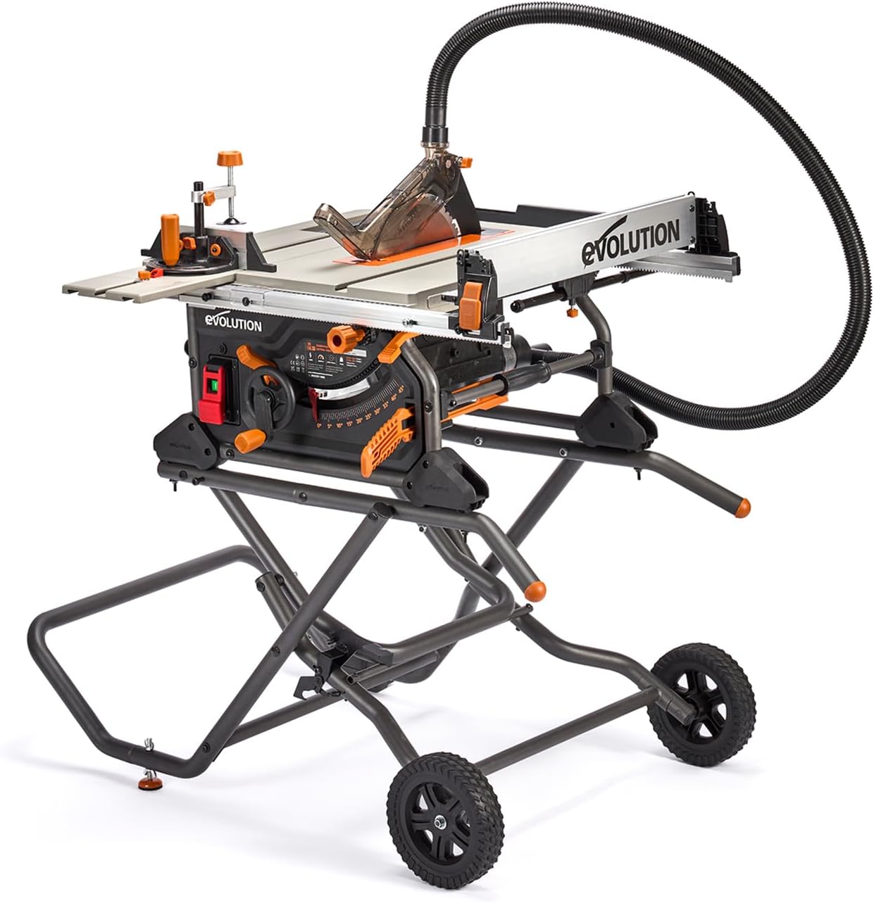 Evolution R255TBLX+ table saw mounted on a tubular steel wheeled stand
