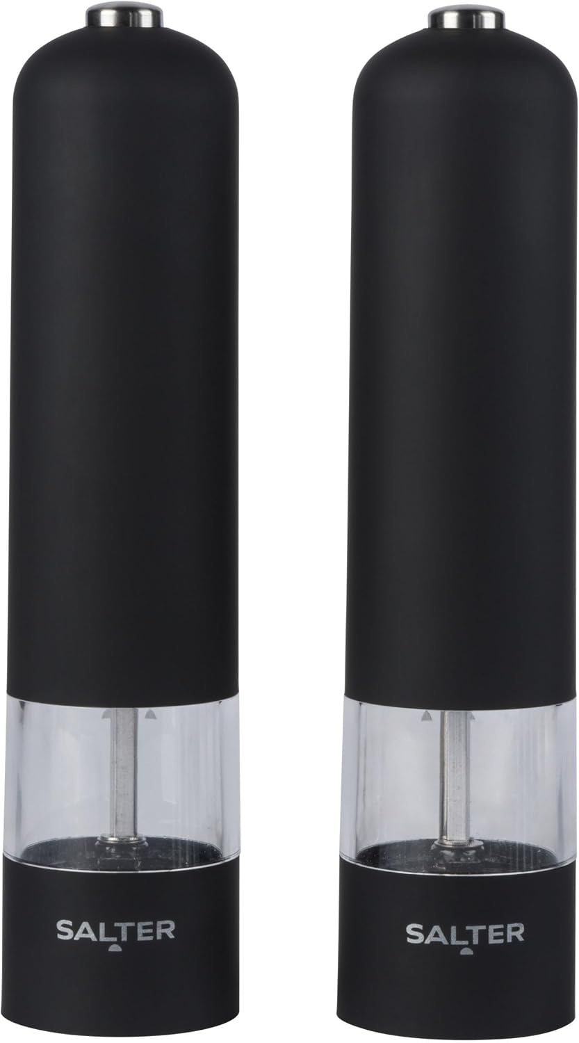 Salter 7524 BKXR Electric Salt & Pepper Grinder Set - Matt Black Soft-Touch, Push Button Operation, Battery Powered, Ceramic Mechanism, Adjustable Fine to Coarse Grind, 66g Sea Salt/30g Peppercorns