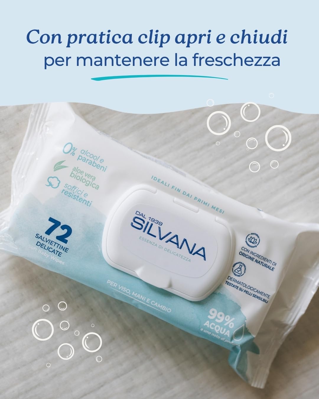 Silvana Salviettine Delicate per neonati e bambini – 99% Acqua– Pelli Sensibili – Senza Alcol (24 confezioni da 72)