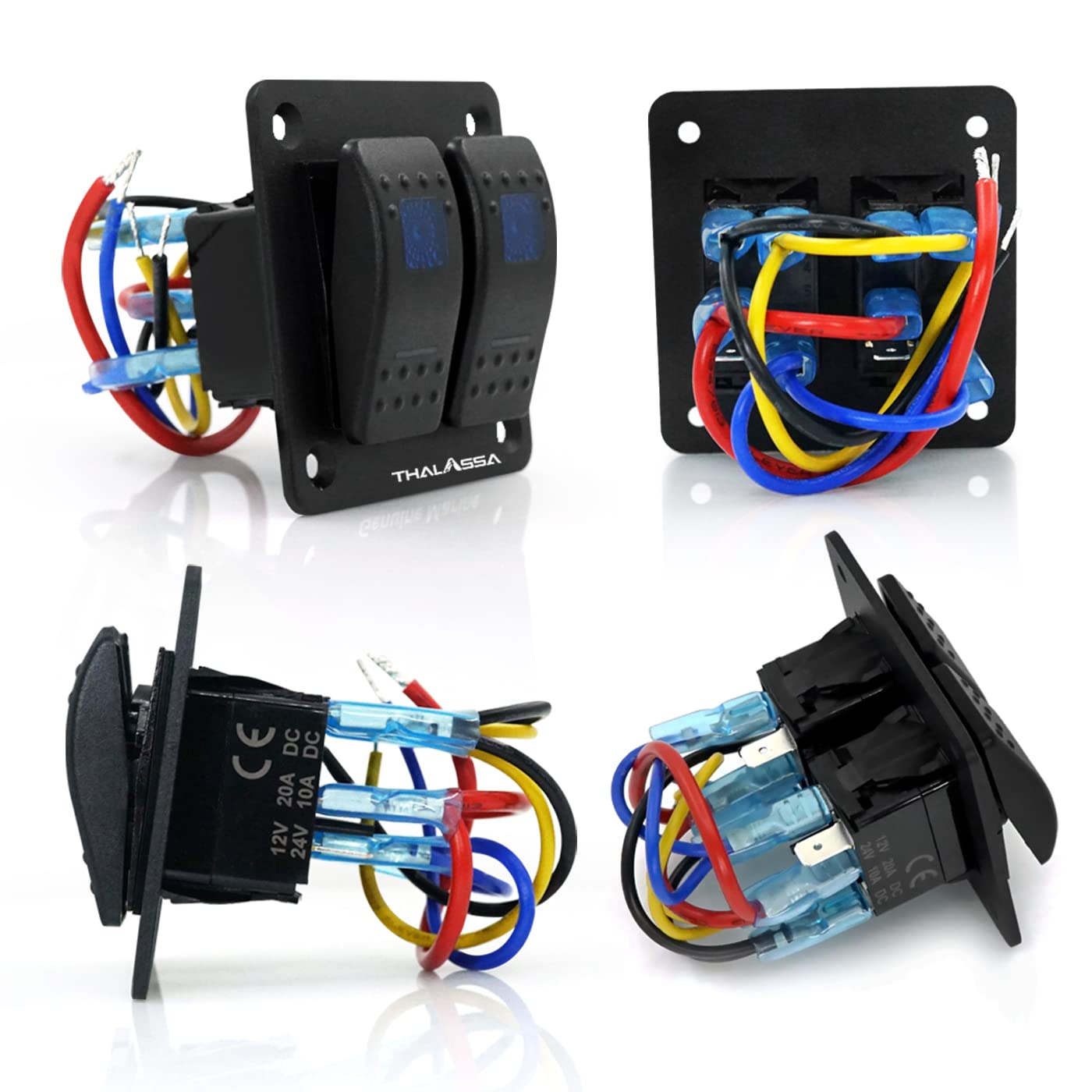 THALASSA Marine Boat Rocker Switch Aluminum Panel Waterproof with 2 Gang Blue LED On-Off Switches for Car, Truck, Rv Vehicles, Yacht, Van, Caravan, Camper, Motorhome
