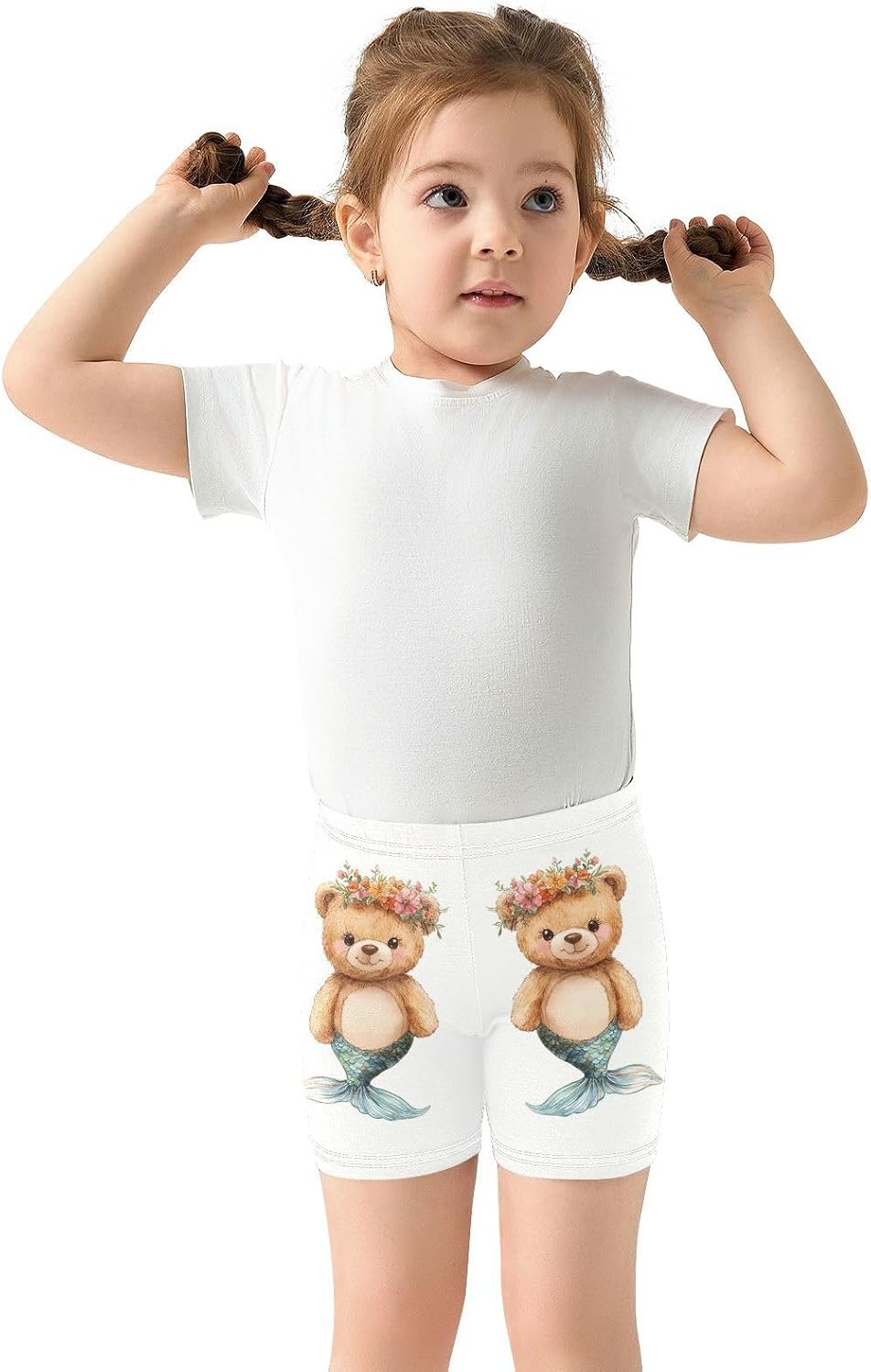 Teddy Mermaid White Girls Bike Shorts Toddler Soft Cotton Cartwheel Under Dress Dance Shorts