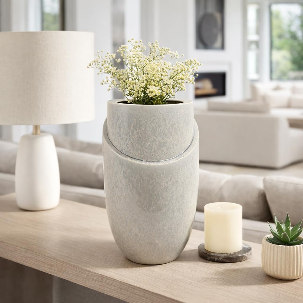 Large Oval Ceramic Vase with Layered Rim for Living Room and House Decor - Flower Vase for Home, Bedroom Vanity and Kitchen Accent - Elegant Earthenware for Office Table Centerpiece - 15", Gray