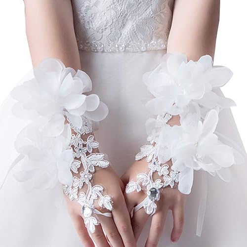 CRIZAN NUEVO Vestido de encaje blanco para niñas, hermoso guante sin dedos, para ocasiones especiales, formal, boda, concurso, fiesta, corto, Blanco