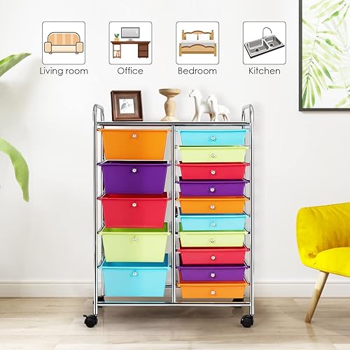 Vista 322 de LDAILY Carrito de almacenamiento con ruedas de 15 cajones, carrito rodante con cajones para aula, organizador de manualidades con ruedas con marco