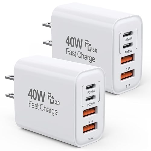 40W iPhone 17 16e 15 Charger Block Fast Charging,2Pack USB C Wall Charger,4-Port Fast USB Wall Adapter PD + QC Multiport Block Cube for iPhone 17